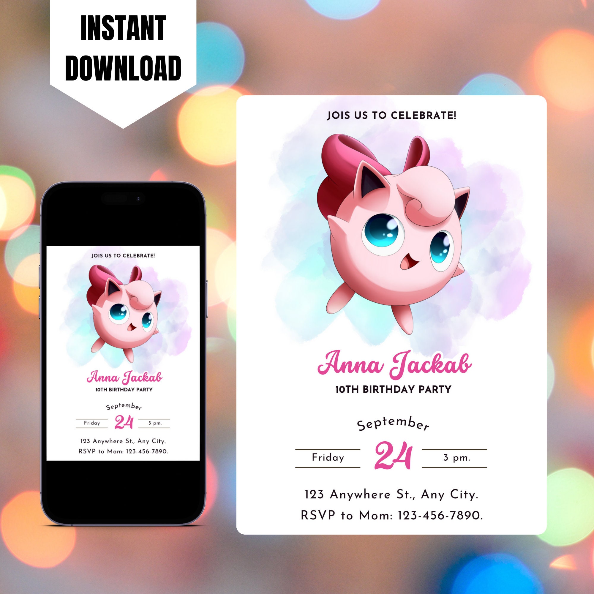 Editable Jigglypuff Birthday Invitation, Printable Jigglypuff Invite