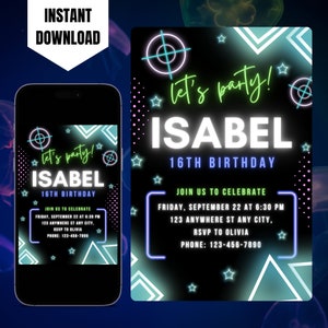 Editable Neon Laser Tag Birthday Invitation (Digital Download)