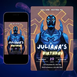 Editable Blue Beetle Party Invite, Digital Blue Beetle Birthday Invitation Instant Download, Printable Blue Beetle Invitation Canva Template