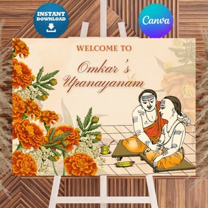 May include: A welcome sign for an event called "Omkar's Upanayanam". The sign features a floral design with orange and white flowers, and an illustration of two men in traditional Indian clothing.