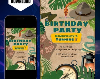 Editable Explorer Adventure Birthday Invitation Template, Printable Treasure Hunt Invitation, Digital Jungle Invite, Kids Birthday Invite