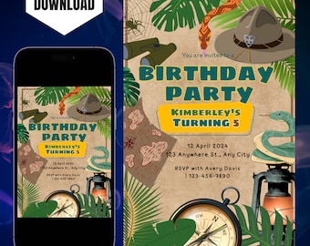 Plantilla de invitación de cumpleaños para exploradores: Aventura en la jungla, búsqueda del tesoro