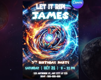 Editable Beyblade Birthday Invitation, Spinning Toy Invitation Template, Blade Tournament Party Invite