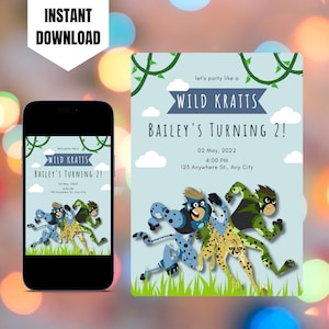 Invitation modifiable Kratts sauvages, modèle imprimable d'invitation d'anniversaire Kratts sauvages, invitation numérique fête d'enfants, Kratts sauvages inviter Canva
