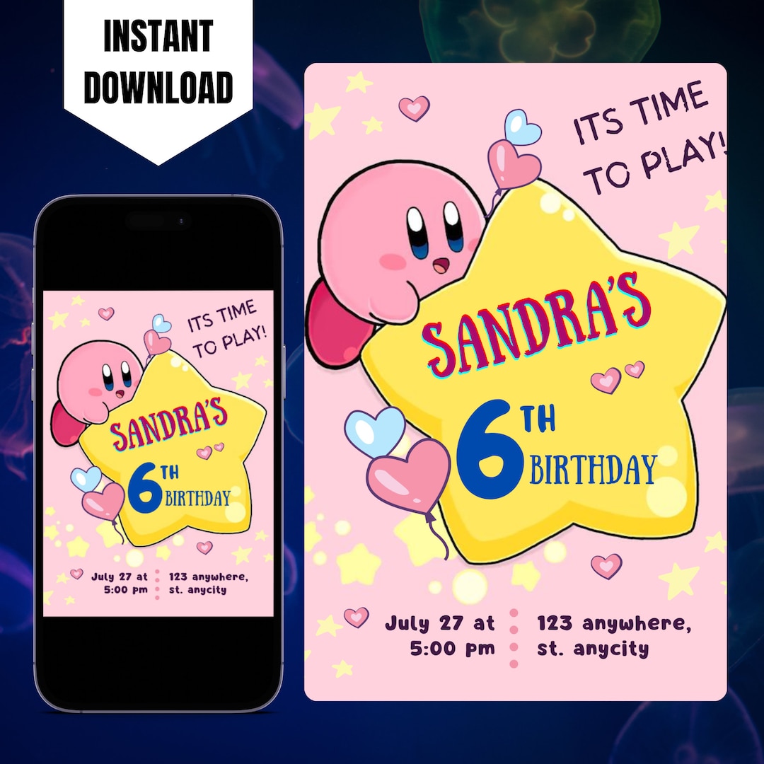 Editable Kirby Birthday Invitation Printable Kirby Birthday Etsy