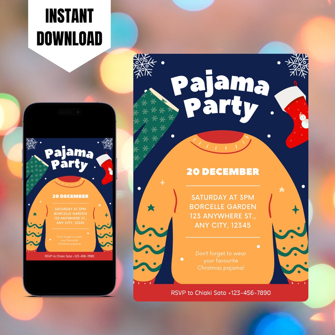 Editable Christmas Pajamas Party Invitation, Printable Slumber Party ...