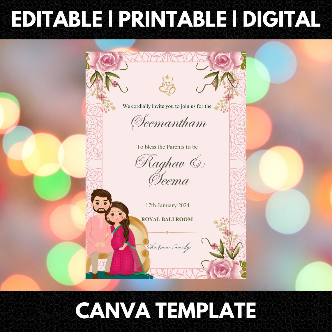 Editable Seemantham Invitation Template, Seemantham Invite Printable Editable Seemantham Invitation Template, Seemantham Invite Printable