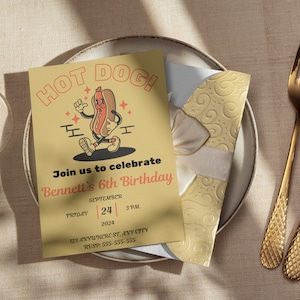 Invito di compleanno a tema hot dog modificabile, invito stampabile per festa di compleanno a tema hot dog, modello digitale per inviti per feste di compleanno a tema hot dog retrò per bambini