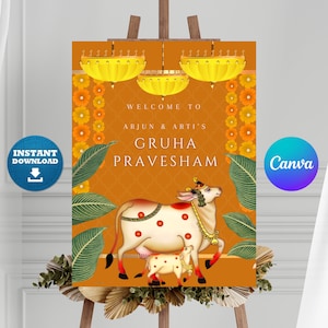 Editable Indian Housewarming Welcome Sign, Digital Pichwai Graha Pravesham Welcome Sign, Griha Pravesh Decor, Vastu Pooja Sign Template