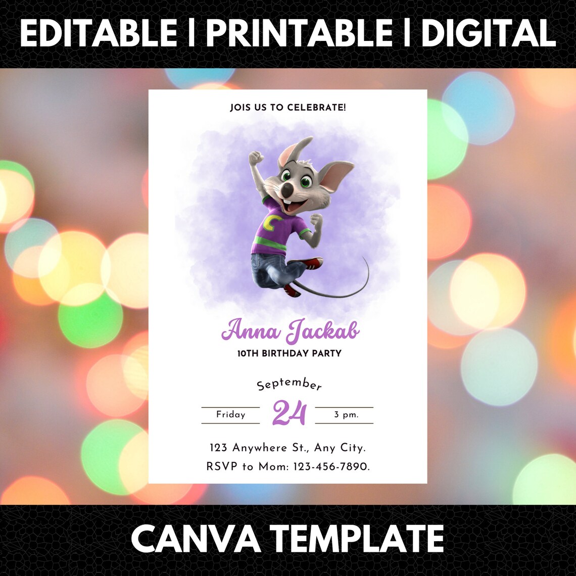 Editable Chuck E Cheese Birthday Invitation, Printable Mouse Invite ...