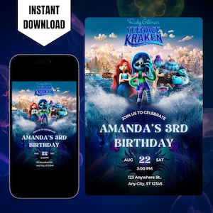 May include: A blue and purple birthday invitation featuring a cartoon image of Ruby Gillman, Teenage Kraken. The invitation is for Amanda's 3rd birthday party on August 22nd at 3:00 PM. The address is 123 Anywhere St., Any City, ST 12345.