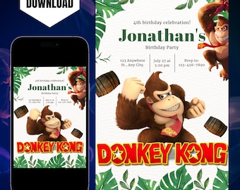 Invitación de cumpleaños editable de Donkey Kong, invitación imprimible de Donkey Kong, invitación digital de Super Mario, plantilla de invitación de Donkey King
