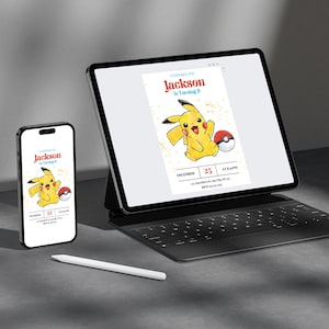 May include: A digital invitation for a birthday party featuring a cartoon Pikachu character. The invitation says "I choose you! Jackson is turning 5" and includes the date, time, and location of the party.