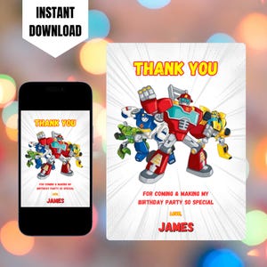 Modelo de cartão de agradecimento de aniversário editável do Rescue Bots Transformer, cartões de agradecimento imprimíveis dos transformadores, cartão de agradecimento digital para crianças