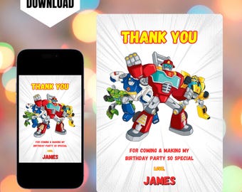 Rescue Bots Transformer Thank You Card: Editable Birthday Template
