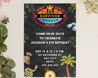 Editable Survivor Birthday Invitation, Printable Survivor Invitation, Digital Kids Explorer Adventure Birthday Party Invite Template
