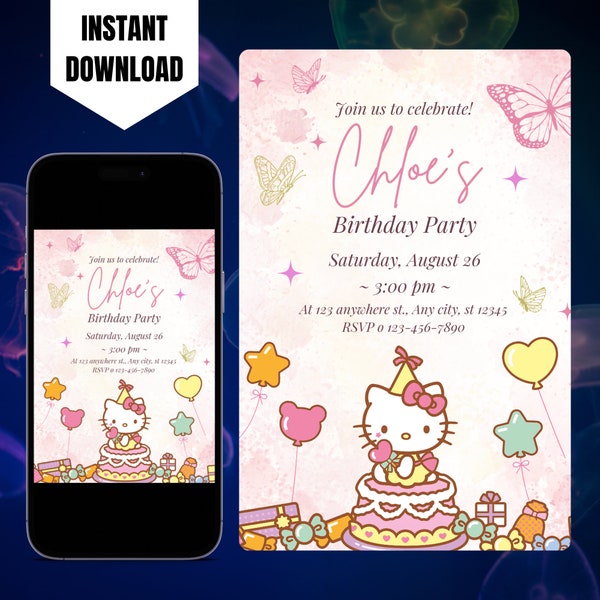 Editable Kitty Birthday Party invitation, Printable Kitty And Friend Invitation, Kwai Party, Digital Birthday Invitation Canva Template