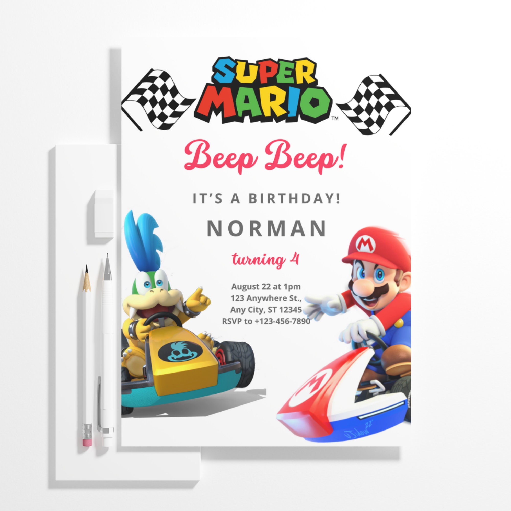 Editable Mario Kart Invite, Printable Super Mario Birthday Invitation ...