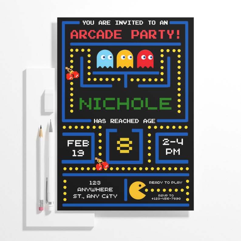 Editable Pac Man Birthday Invitation, Printable Retro Arcade Game ...