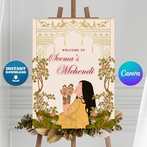 May include: A cream-colored sign on an easel with the text "Welcome to Seema's Mehndi." The sign features an illustration of a woman with hennaed hands, surrounded by floral and architectural design elements. The words "Instant Download" and "Canva" are also visible.
