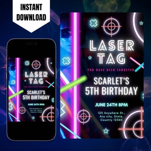 Editable Laser Tag Invitation, Printable Laser Tag Invite, Digital Neon Laser Tag Birthday Invitation, Glow Laser Tag Birthday Party Invite