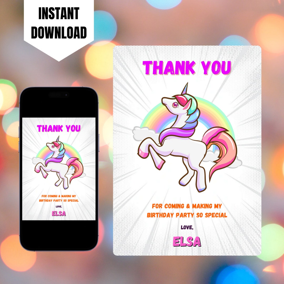 Editable Unicorn Thank You Cards, Printable Unicorn Birthday Thank You ...