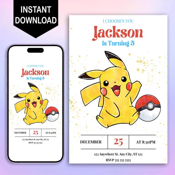 Editable Pikachu Birthday Party Invitation, Printable Pokemon Birthday Invitation, Digital Pokemon Card Invitation Template, Pokemon Invite