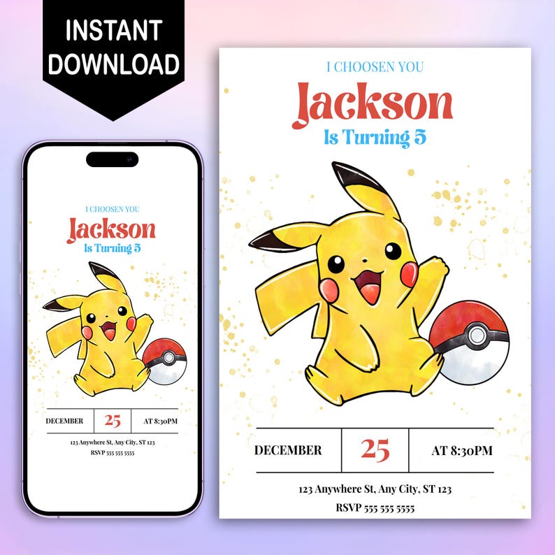 May include: A digital invitation for a birthday party featuring a cartoon Pikachu holding a Pok&eacute; Ball. The invitation is for Jackson's 5th birthday and includes the date, time, and location of the party. The text "I Choosen You" is written in a playful font.
