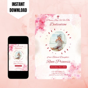 Editable Baby Dedication Invitation Template, Printable Baby Dedication Invite, Digital Pink Floral Girl Dedication Invitation Card