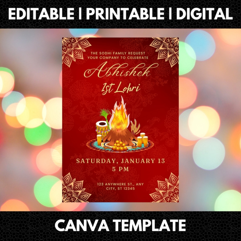 Editable Lohri Invitation, Printable First Lohri Invite, Digital Lohri