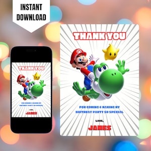 Cartes de remerciement modifiables Super Mario, carte de remerciement d'anniversaire Super Mario imprimable, carte de remerciement numérique pour enfants modèle Canva