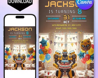 Verjaardagsuitnodiging Transformers: hommelfeest, bewerkbare canvassjabloon
