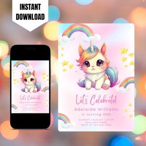 Redigerbar Caticorn-födelsedagsinbjudan: Regnbågs-enhörningskattfest