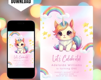 May include: A pink and white birthday invitation featuring a rainbow and a cute unicorn kitty. The text reads "Let's Celebrate! Adelaida Williams is turning ONE. Sunday | August | 2P-5P. Williams Home. RSVP at 123-456-7890."