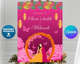 Panneau modifiable de Mehndi, panneau de bienvenue imprimable de mariage indien, panneau numérique Mehendi, panneau de bienvenue Mehndi, panneau décoratif Mehndi, affiche Mehndi