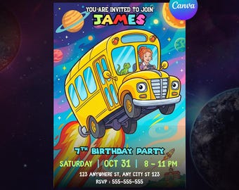 Editable Magic School Bus Birthday Invitation, Printable School Bus Party Invite Canva Template