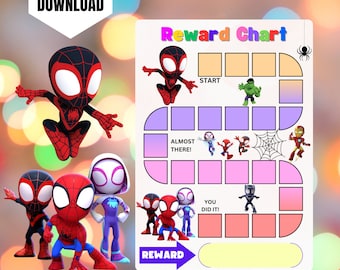 Könnte beinhalten: Ein druckbarer Belohnungs-Chart mit Spider-Man-Charakteren. Der Chart hat einen bunten Weg mit Quadraten und einen Belohnungsbereich unten. Der Text "Reward Chart" befindet sich oben auf dem Chart.