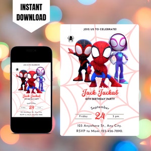 Editable Spiderman Invitation, Printable Spidey and his Amazing Friends Invite, Digital Spin Ghost Spidey Birthday Invitation Template