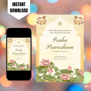 Faire-part de pendaison de crémaillère indien modifiable, Invitation Gruhapravesham imprimable, Invitation numérique Griha Pravesh, Invitation Gruha Pravesham