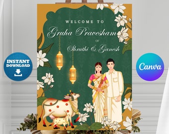 Editable Gruhapravesham Welcome Sign: Indian Housewarming Poster