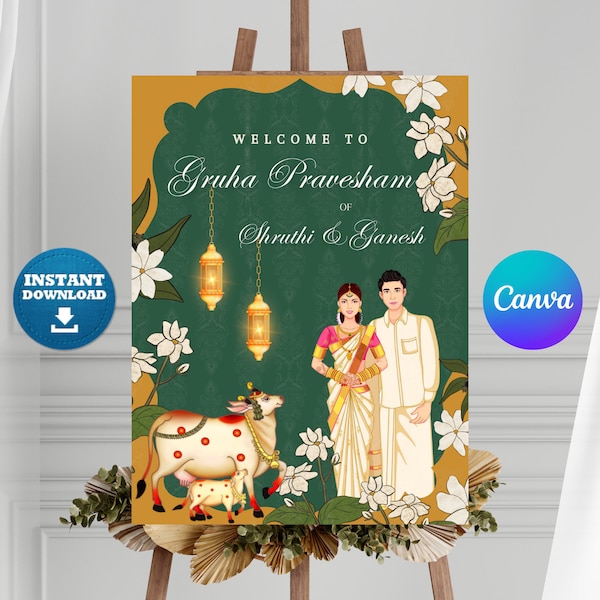 Editable Gruhapravesham Sign, Printable Indian Housewarming Welcome Sign, Digital Griha pravesh Sign, Gruhapravesam Poster Template Canva