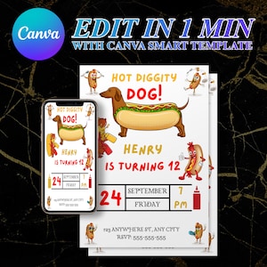 Editable Hot Dog Birthday Party Invitation, Printable Hot Dog Birthday Invite, Digital Kids Hot Dog Party Invitations Template Canva