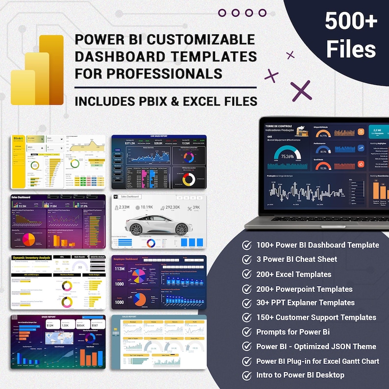 May include: An image showcasing Power BI customizable dashboard templates for professionals. The image includes a laptop displaying a dashboard, along with various dashboard examples and a list of included files, such as Excel templates and Powerpoint templates.