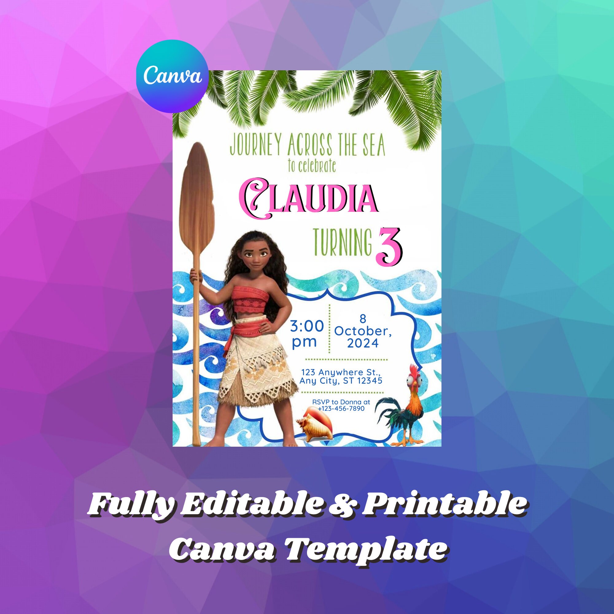 Editable Moana Invite Template Printable Baby Moana Invite Digital