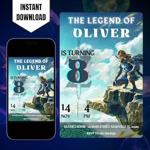 Convite de aniversário editável de The Legend of Zelda, convite imprimível de Zelda Tears of the Kingdom, modelo de convite digital de Zelda no Canva
