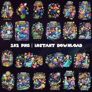 May include: A collection of colorful digital illustrations featuring characters from the Super Mario Galaxy video game. Each design showcases Mario, Princess Peach, and other characters in a cosmic setting, with the text "SUPER MARIO GALAXY" displayed prominently.