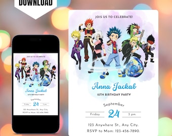 Invitación de cumpleaños editable de Beyblade: Plantilla imprimible de Canva