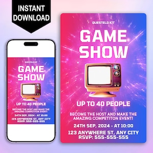 Bewerkbare verjaardagsuitnodiging spelshow, digitale game-avonduitnodiging, afdrukbare jongen meisje kinderen verjaardagsfeestje uitnodigen Canva-sjabloon