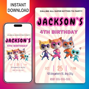 Editable Superkitties Birthday Invitation, Printable Super Kitty Birthday Invite, Digital Girl Boy Kids Super Kitties Birthday Party Invite