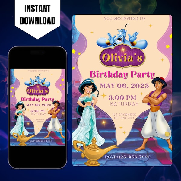 Editable Jasmine & Aladdin Birthday Invitation Template, Printable Princess Jasmine Invitation, Digital Aladdin Invitation, Birthday Invite